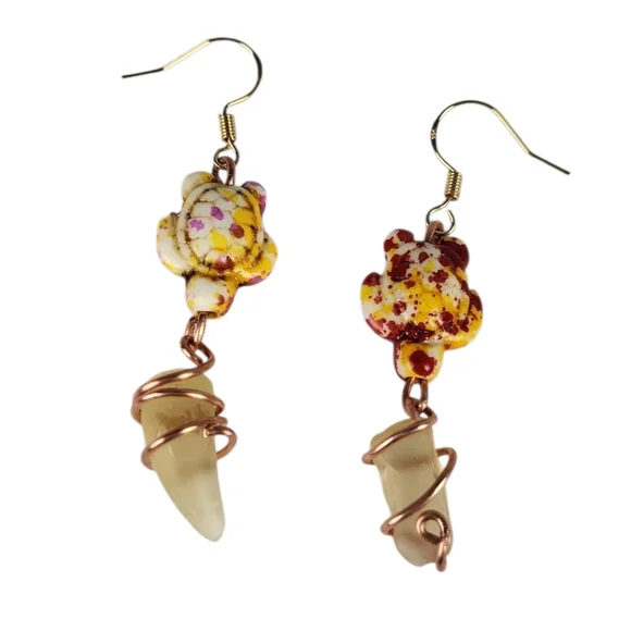 Frosted Sea Glass Gold Copper Wire Wrapped Turquoise Turtle Earrings - Picture 2 of 2